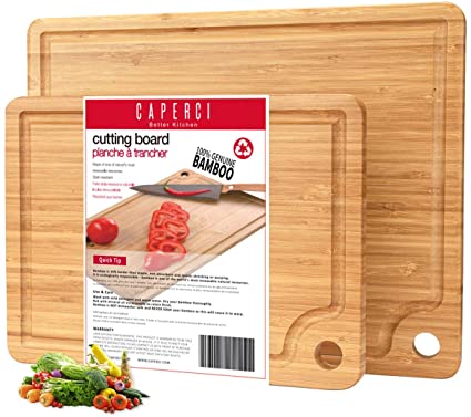 Caperci Bamboo Cutting Board Set of 2 for Kitchen - Large and Small Wood Pro Chopping Board Set for Meat Cheese Pizza - Decorative Thick Serving Tray with Juice Groove (14x11 & 11x8 Inch)