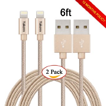 Yakonn 2pcs 6ft iPhone Lightning Cable Nylon Braided Charging Cord USB Cable for iPhone 6s6s6plus6 iPhone 55c5siPad MiniMini2iPad 5iPod 7goldCompatible with iOS9