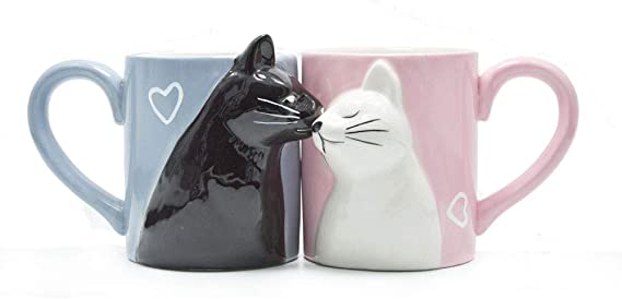 Kiss Cat Coffee Couple Handmade Mug, Funny Tea Ceramic cup set for Bride and Groom, Matching Gift for Engagement Wedding and Married Couples Anniversary Valentines Day Girlfriend Wife