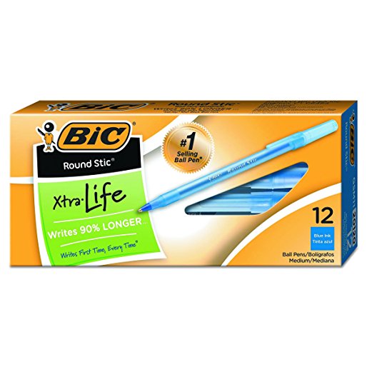 BIC GSM11BE Round Stic Xtra Life Ballpoint Pen, Blue Ink, 1mm, Medium (Pack of 12)