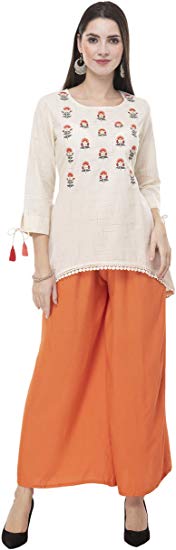 Sabhyata Women kruta Kurti top Tunic, Rayon,Cotton, Round Neck, Printed,Long Kurta,3/4 Sleeves (L, Off-White)