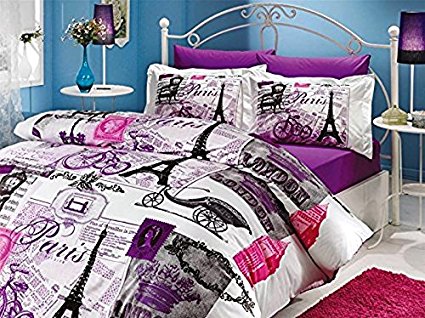 100% Turkish Cotton 4 Pcs!! Paris Eiffel Tower Vintage Purple Theme Themed Full Double Queen Size Quilt Duvet Cover Set Bedding Made in Turkey