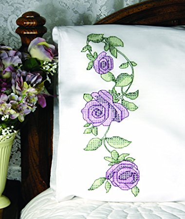 Fairway Needlecraft 83245 Cross Stitch Perle Edge Pillowcases, Rose Vine Design, Standard, White