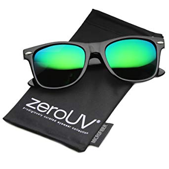 Flat Matte Reflective Mirror Color Lens Large Horn Rimmed Style Sunglasses - UV400 (Polarized | Shiny Black/Green)