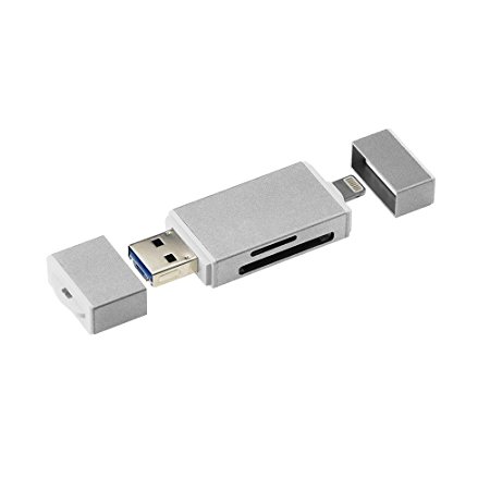 GiBot 3-in-1 Portable Memory Card Reader with Lightning USB 3.0 Micro USB OTG Adapter Card Reader for SDXC, SDHC, SD, Micro SDXC, Micro SD, Micro SDHC and TF Card, Silver