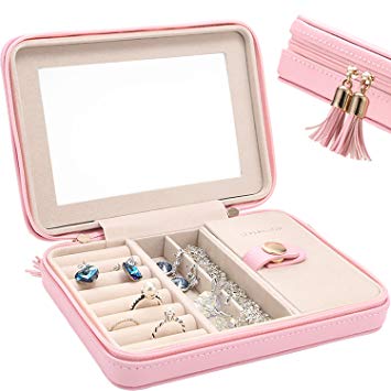 LE PAPILLION JEWELRY Jewelry Box Faux Leather Travel Jewelry Box Organizer | Elegant Outlook Display Storage Case with Large Mirror | Jewelry Box Gift for Women, Great Gift Idea(Pink)