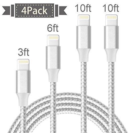 Lightning Cable,ONSON Charger Cables 4Pack 3FT 6FT 10FT 10FT to USB Syncing and Charging Cable Data Nylon Braided Cord Charger for iPhone 7/7 Plus/6/6 Plus/6s/6s Plus/5/5s/5c/SE and more-SilverWhite