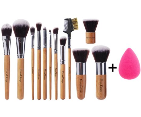 EmaxDesign 121 Piece Makeup Brush Set12 Pcs Professional Bamboo Handle Foundation Blending Blush Eye Face Liquid Powder Cream Cosmetics Brushes and 1 EmaxBeauty Blender Makeup Sponges