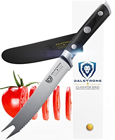 DALSTRONG Tomato Slicer Knife - Gladiator Series - German HC Steel - 5" - Serrated Utility - Sheath