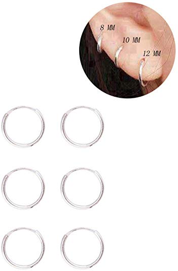 3 Pairs Sterling Silver Small Endless Hoop Earrings Set, Unisex Cartilage Earrings Nose Lip Rings Body Piercing Jewelry
