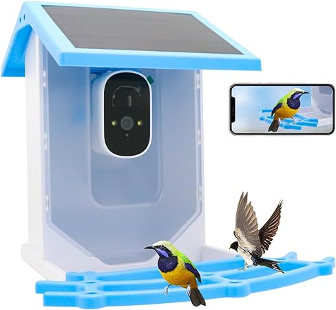 Smart Bird Feeder with Camera, Solar Charged Birdhouse, 1080P HD Camera Automatically Captures Bird Videos, Birdhouse with Built-in Microphone IP68 Waterproof 32GB Memory Card(Blue)