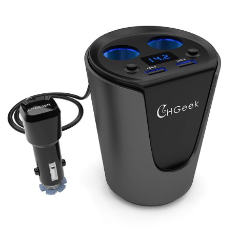 Car Cup Charger, CHGeek USB Car Charger 12V/24V Multi Function Car Power Adapter with Dual USB Ports 3.1A   2-Socket Cigarette Lighter Splitter for Apple iPhone iPad, Android Samsung, Tomtom, Dashcam, Satnav - Black