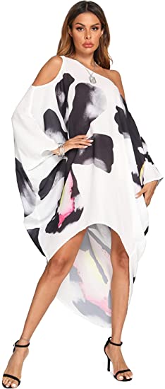 BB&KK Women's Summer Maxi Long Cold Shoulder Loose Kaftan Flowy Batwing Beach Cover Up Dress