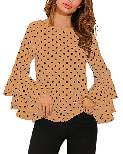 ZANZEA Women's Blouse Polka Dot Ruffle Flounce Long Sleeve Round Neck Elegant Tee Tops