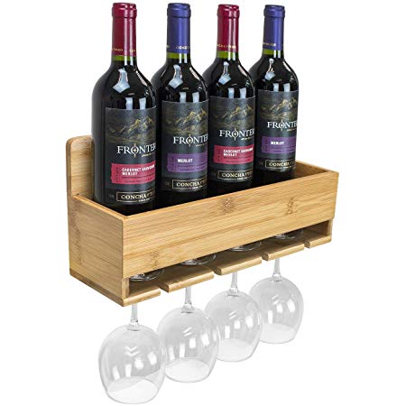 Sorbus Bamboo Wall-Mounted Wine Rack – for Wine Bottles & Stemware Glasses - Elegant Wood Storage for Kitchen, Dining Room, Bar, Wine Cellar