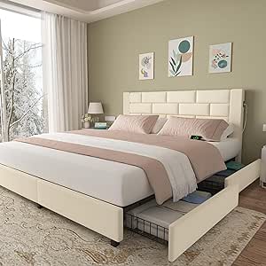 VECELO King Size Upholstered Bed Frame with USB Charge Station-Ports for Type A & Type C, Platform Bed w/4 Storage Drawers and Velvet Headboard, Solid Wooden Slats Support,No Box Spring Needed, Beige