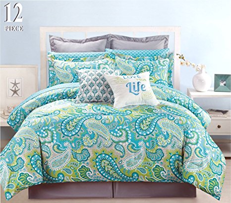 12 Piece Modern Bedding Turquoise Blue, Grey and Green Paisley KING Comforter Set - Bed In A Bag with Sheets, Pillow cases, Euro Shams and accent pillows