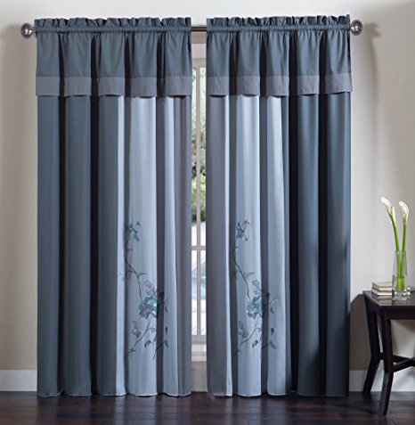 Chezmoi Collection 4-Piece Embroidered Floral Window Curtain Set with Tassels, Gray Blue