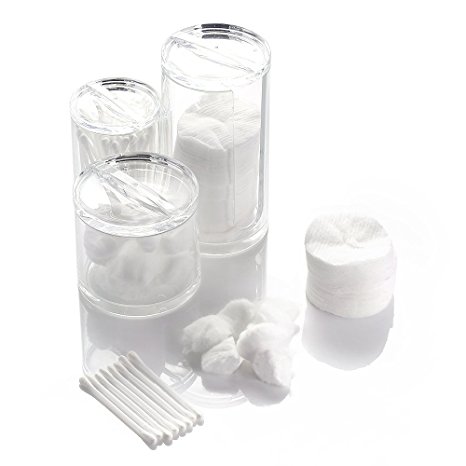 Z&Q Top Quality Acrylic Canister Box (3) Cylinders, 3pc Spa Canister Set, including Cotton Pad Dispenser, Cotton Ball and Swab Holder / Organizer, Apothecary Jar