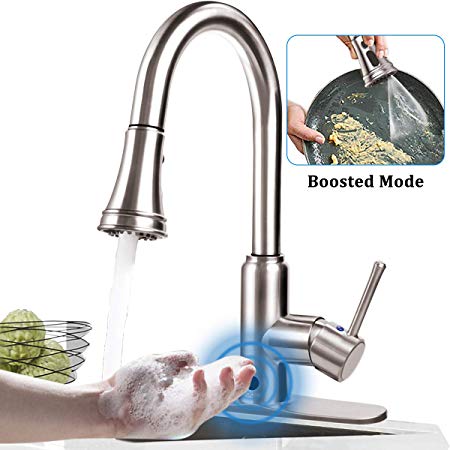 Kitchen Faucets with Pull Down Sprayer, SOOSI Touchless Wave Sensor Solid Brass Single Handle Kitchen Faucet High Arc 3-Function Kitchen Sink Faucets Brushed Nickel One&3 Hole Deck Mount,Spot Free …