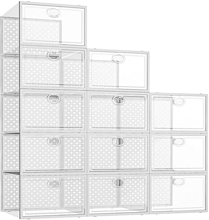 Pinkpum Shoe Storage Boxes, 12 Pack Clear Plastic Stackable Shoe Organizer Bins, Drop Front Shoe Box for Closet, Fit for Size 11