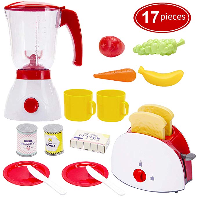 Toy Life Toy Blender and Toy Toaster with Pretend Play Kitchen Accessories for Toddlers Set | Cooking Toy Kitchen Appliances Set Includes Bonus Plates Utensils and Play Food for Kids