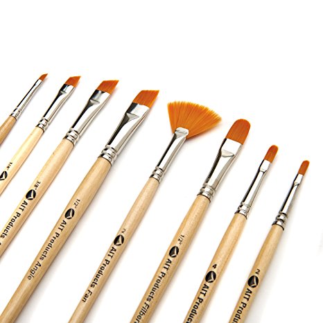 AIT Art Paint Brushes, Set of 8 Includes Angle Shaders, Filberts, and a Fan, Handmade in USA to Last Longer Without Shedding or Breaking, Allowing Painting with Brushes That Artists Trust to Perform