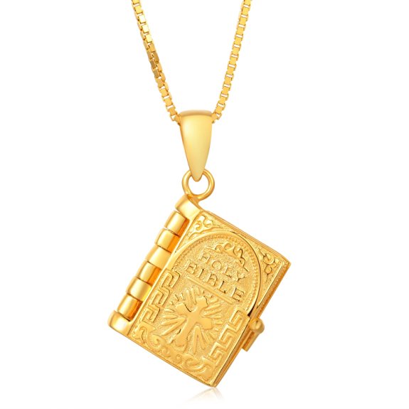 925 Sterling Silver Lord's Prayer Golden Holy Bible Necklace Pendant with Chain (16'), Baptism Gift