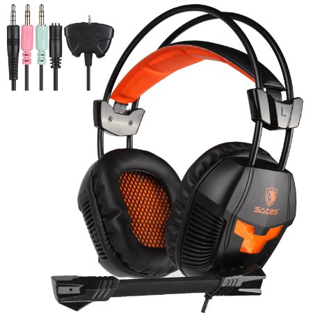 [2016 New Update]SADES Stereo Gaming Headset, SA921 Lightweight Over Ear Computer Headphones 3.5mm Jack with Mic for Laptop PC/MAC/PS4/XBOX ONE/Phones With Splitter Adapter(Black Orange)