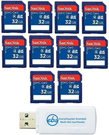 10 Pack SanDisk SD HC 32 GB Class 4 Flash Memory Card SDSDB-032G Retail SDHC - with Everything But Stromboli (tm) Combo Reader