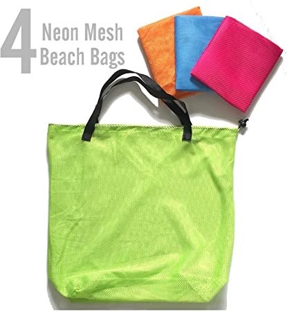 AZi 4 Neon Mesh Tote Bags for Beach Shopping Travel Pool - Fits Most Beach Must Haves, Kids Sand Toys - Mix/Assorted Colors - Colors May Vary from Picture