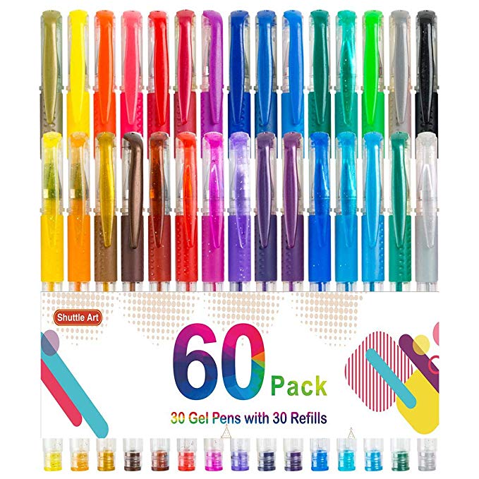 Gel Pens, 60 Pack Gel Pen Set 30 Colored Gel Pen with 30 Refills for Adults Coloring Books Drawing Doodling Crafts Scrapbooking Bullet Journaling