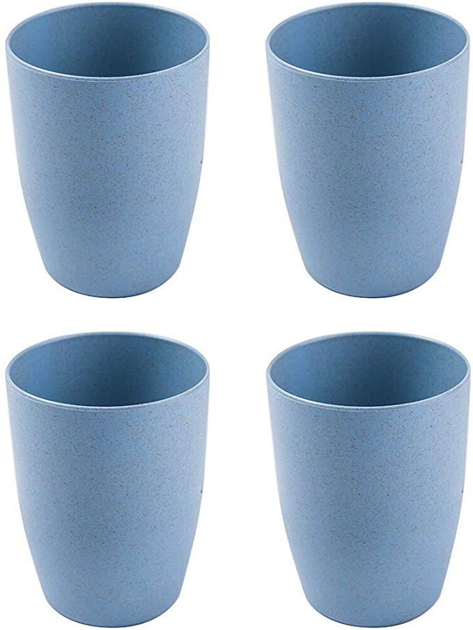 Eco-Friendly Healthy Wheat Straw Biodegradable Bamboo Plastic Unbreakable Reusable Children Adult Drinking Cup，400ml/14oz Set 4 Multi color Mug for Coffee, Water, Milk, Juice Cup (Blue, 4 Pack)