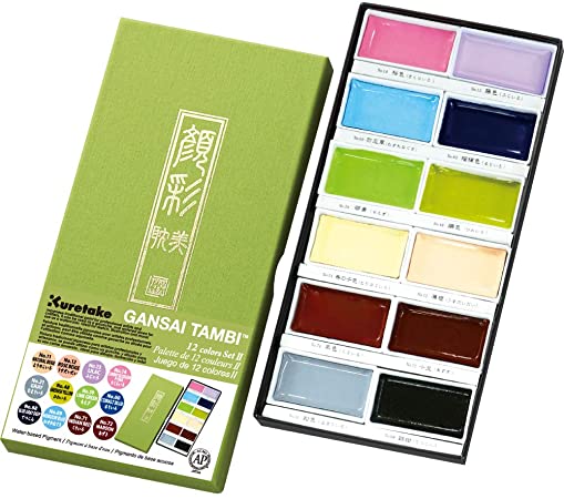 Kuretake GANSAI TAMBI New 12 Colors Set, Watercolor Paint Set, Professional-Quality for Artists and Crafters, AP-Certified, Water Colors for Adult, Made in Japan