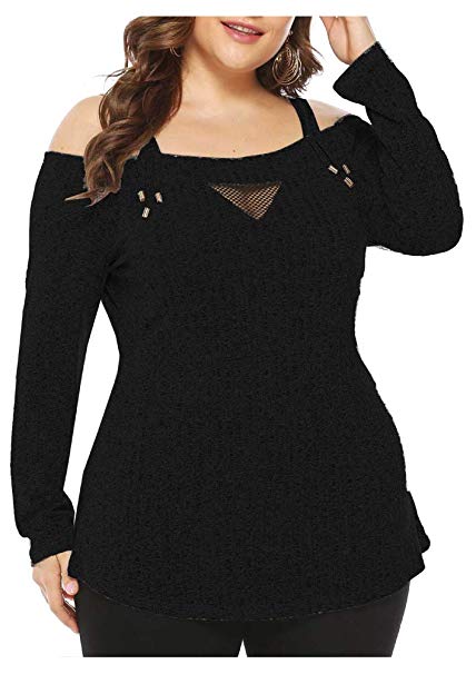 Durcoo Womens Plus Size Strappy Knit Sweater Cold Shoulder 3/4 Sleeve Shirt Top