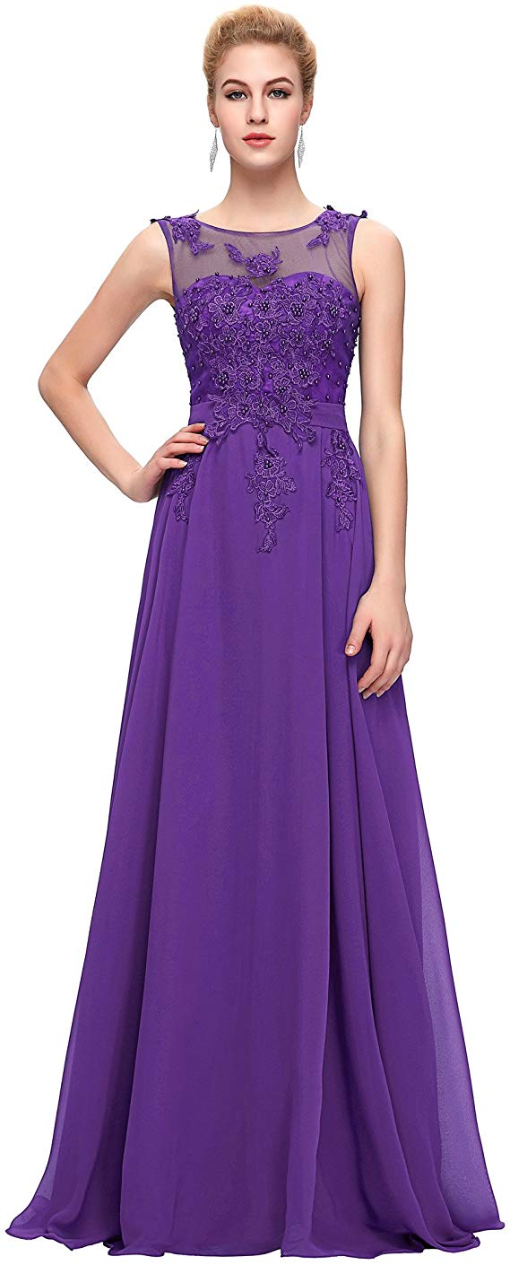 GRACE KARIN Chiffon V Back Evening Dresses Prom Gown with Beads Appliques