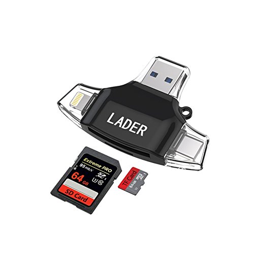 LADER SD / Micro SD Card Reader for iPhone iPad / Android Phone / Apple Macbook / Computer, Memory Card Adapter with Lightning, Micro USB, USB C, USB 4 Interfaces, Picture and Video Viewer for Camera