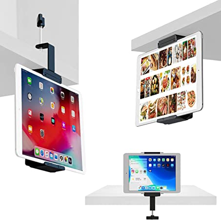Universal Kitchen Cabinet Mount Holder, TFY Phone Holder & Tablet Mount with Clamp for Desk Shelf compatible with iPad Pro Air Mini, iPhone, Galaxy Tabs, more 7"-10.5" Tablets and 5"-6.5" Phones