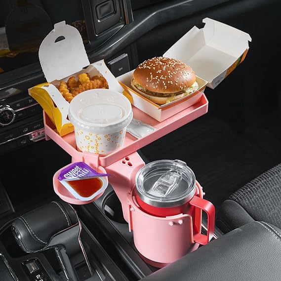 JoyTutus Cup Holder Tray for Car, Car Cup Holder Expander with 360°Rotation Tray, Large Cup Drink Holder Compatible with Yeti/Hydro Flask, Detachable Food Tray Table, Pink Car Accessories