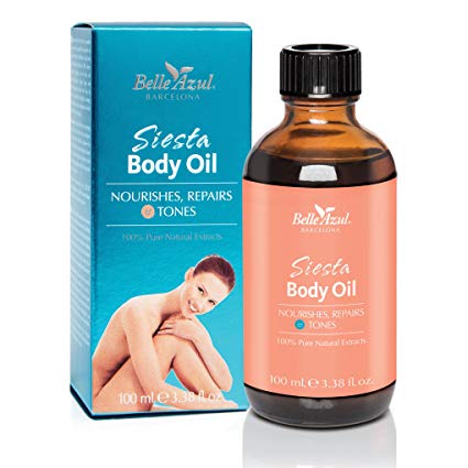 Belle Azul Siesta Body Oil - Firming, Toning & Moisturising Bath, Body and Massage Oil, for Dry Skin, with Pure Argan Oil, Vitamin E & Sweet Almond Oil and Natural Essential Oils, 100 ml.