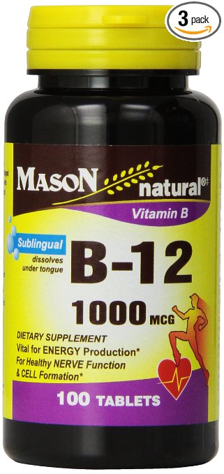 Mason Vitamins B-12 1000Mcg Sublingual Cyanocobalamin Tablets, 100-Count Bottles (Pack of 3)