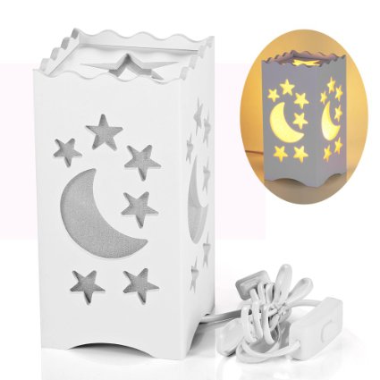 Pandawill Art Light White Table Light with Moon and Star Shaped Carving, Desk Lamp Night Light for Bedroom, Dorm, Living Room