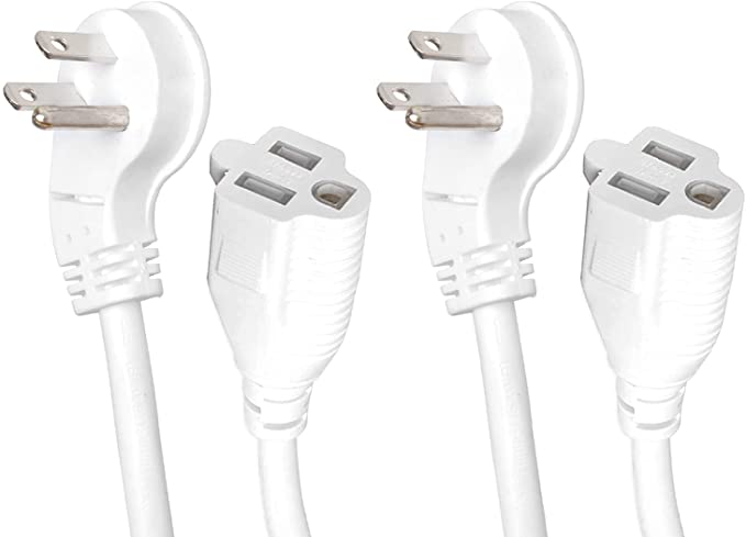 2 Pack of 3 Ft Extension Cords with 45° Angled Flat Plug - 16/3 SJTW Low Profile Durable White Indoor Cable