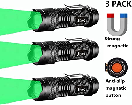 Ulako Green Light Single 1 Mode 150 Yards Tactical Adjustable Focus Zoom LED Magnetic Flashlight Torch for Coyote Hog Pig Varmint Predator Hunting Astronomy