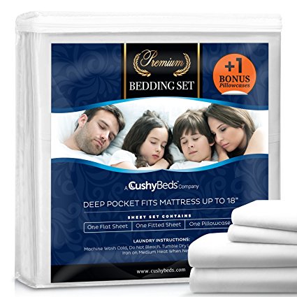 Premium Bed Sheet Set by CushyBeds - Brushed Microfiber 1800 Bedding - Hypoallergenic, Wrinkle, Fade, Stain Resistant - 4 Pieces Includes 1 BONUS Pillow Case (Twin XL, White)