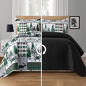 Elegant Comfort 3-Piece Holiday Rustic Plaid Patchwork Reversible Quilt - Soft Bedspread with Matching Pillow Shams, Heavy Weight Premium Stitching All Season Quilted Coverlet- California King, Forest