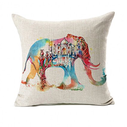 4TH Emotion Watercolor Elephant India Taj Mahal Design Home Decor Design Throw Pillow Cover Pillow Case 18 x 18 Inch Cotton Linen for Sofa (Colorful Animal)