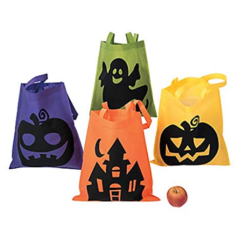 4 Large Neon HALLOWEEN Trick or Treat TOTES/BAGS/PARTY FAVORS/Goodie Bags/POLYESTER/GHOST Pumpkin WITCH/ICONIC/16" X 16"
