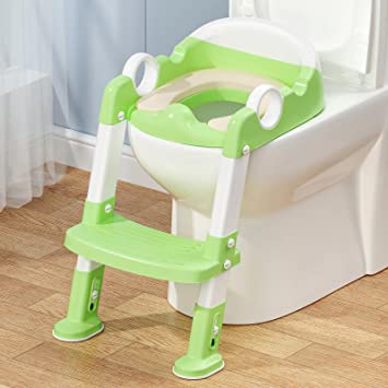 Potty Training Toilet Seat with Step Stool Ladder for Boys and Girls,Toddler Kid Children Toilet Training Seat Chair with Handles,Height Adjustable,Non-Slip Wide Step(Green,Upgraded Leather Cushion)