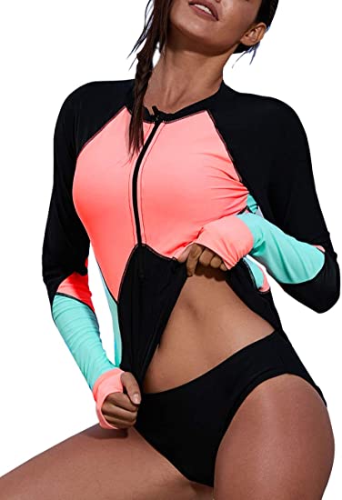 Bsubseach Women Long Sleeve Rash Guard Surfing Swim Shirt Colorblock Printed Swimsuit Top(No Bottom)